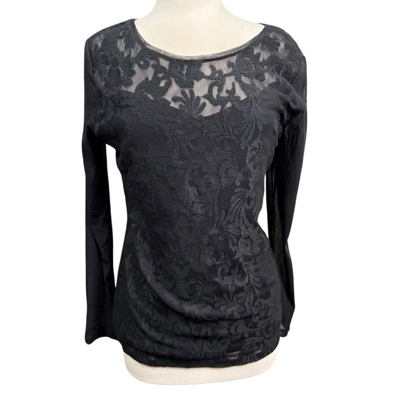 INC International Concepts Black Sheer Mesh Floral Top Women’s XL Long Sleeve - Picture 1 of 9